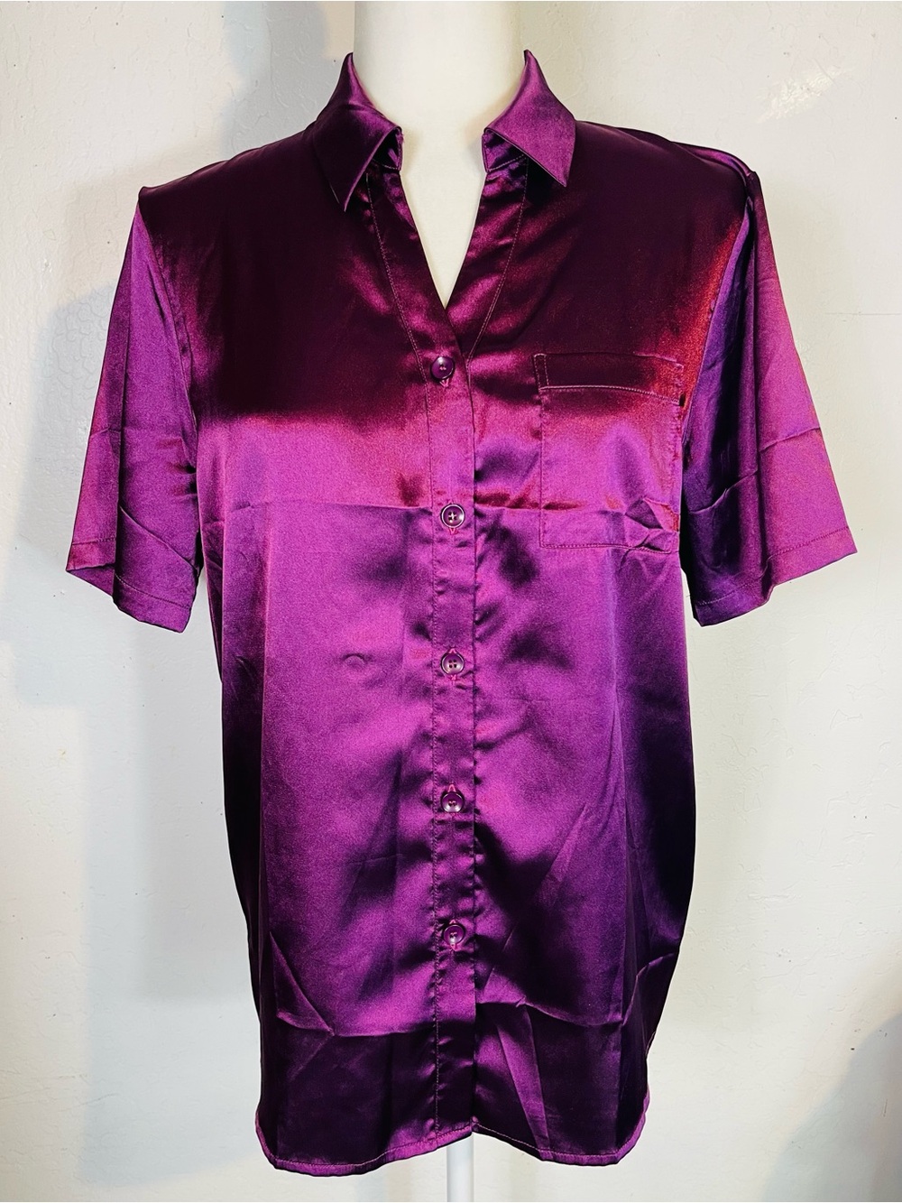Ekouaer Women's Size Small S Button Down Purple Shirt Top Short Sleeve Silky